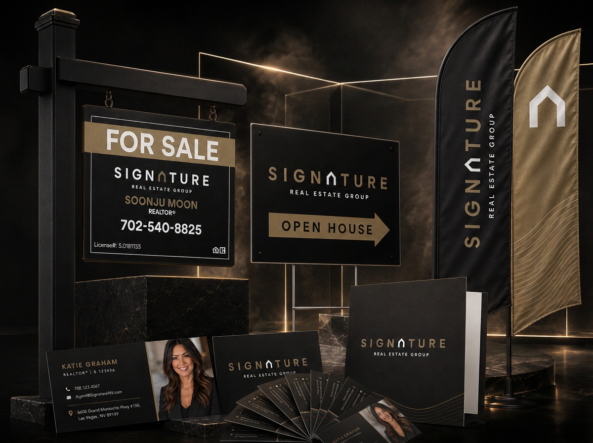 Signature Real Estate Group branded business cards, presentation folder, feather flags and listing signs on a lit display stage